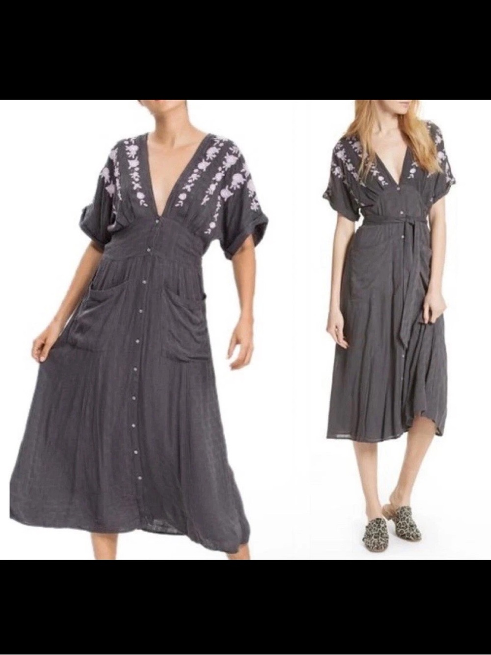 Free People Love to Love You Gray Lilac Embroidered Button Midi Dress S